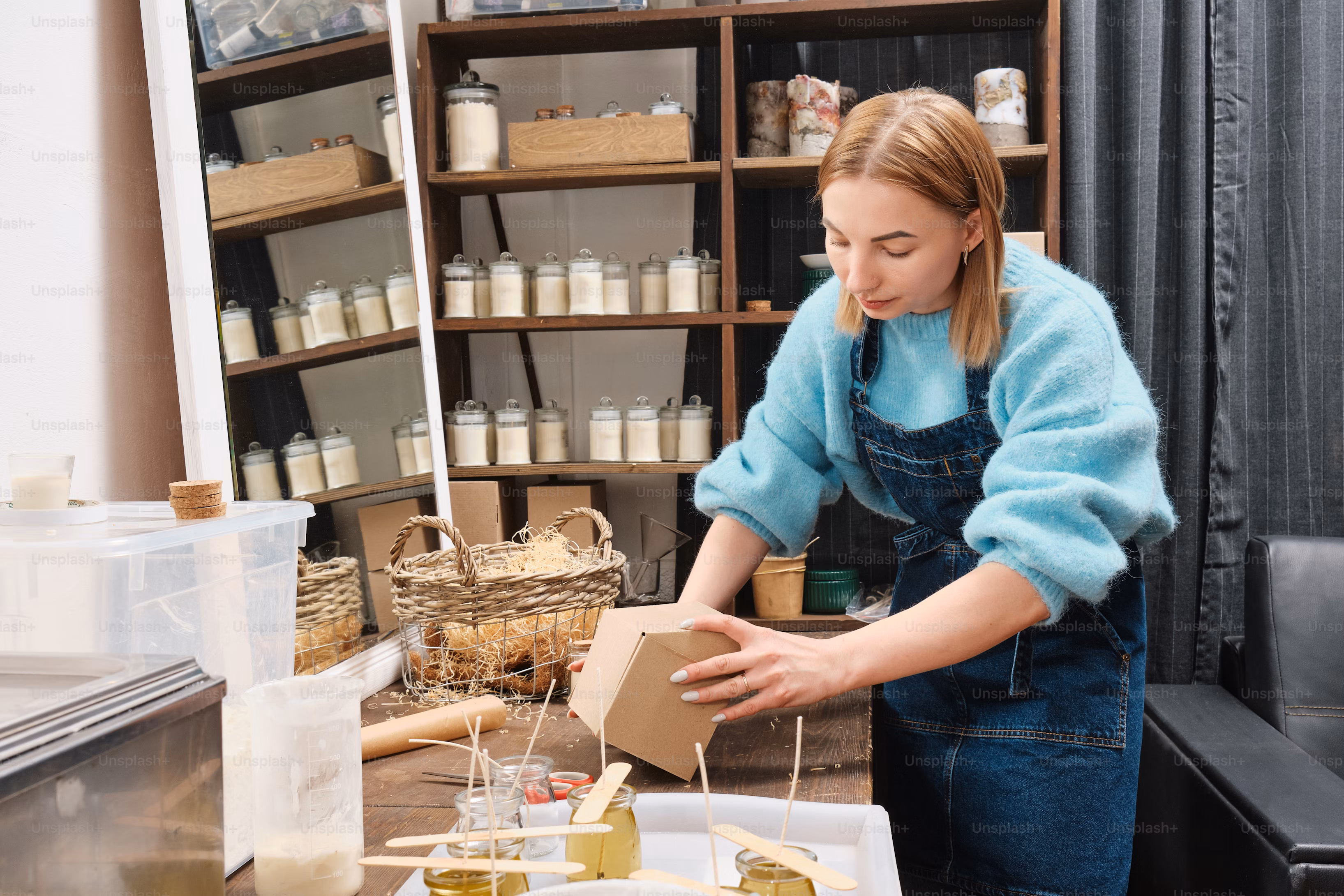 girl candlestick maker packs finished candles in a box